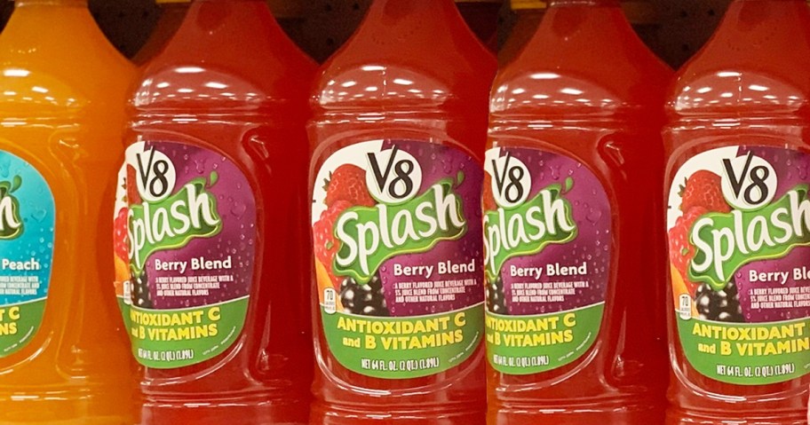 bottles of V8 splash juices on store shelf