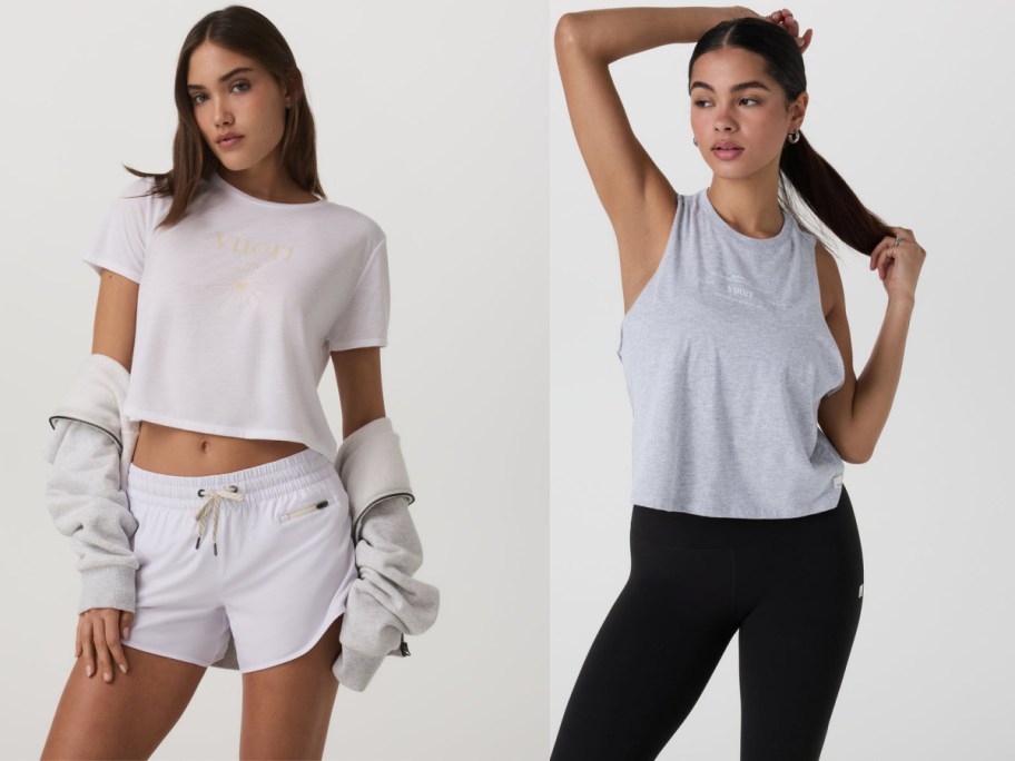 Two women wearing shirts from Vuori.