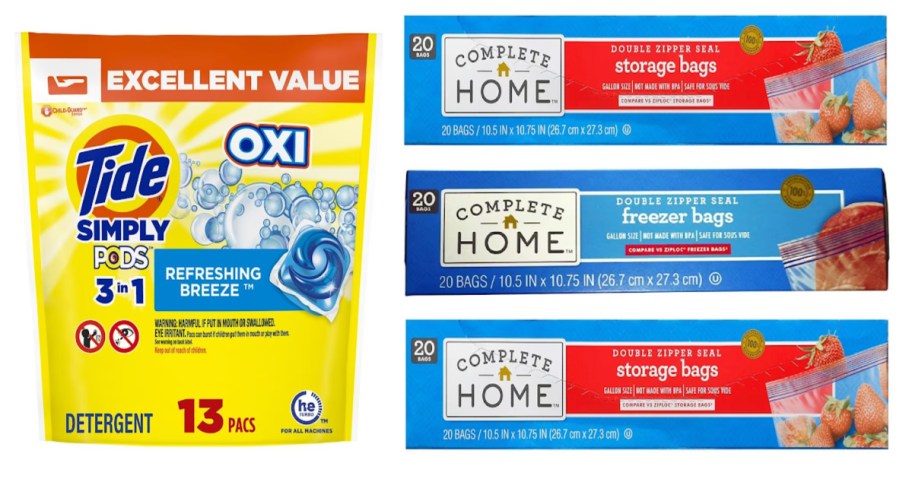 laundry detergent pods and 3 boxes of food storage bags