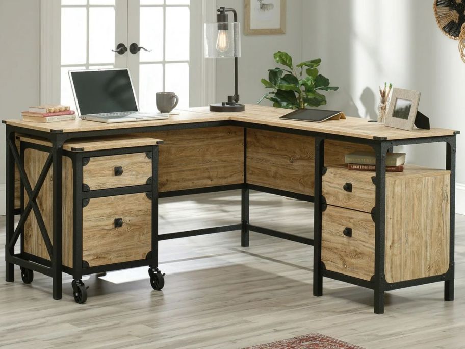 Sauder Steel River Rustic Industrial Style L-Shaped Corner Desk