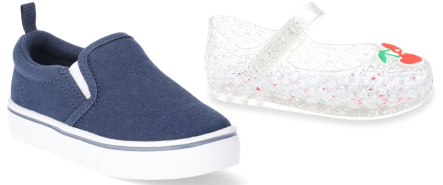 blue slip-on sneaker and glittery jelly shoe