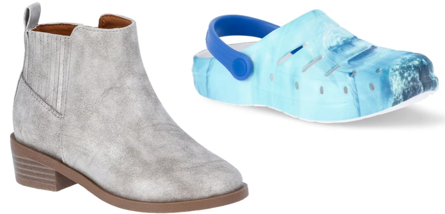silver bootie and blue clog