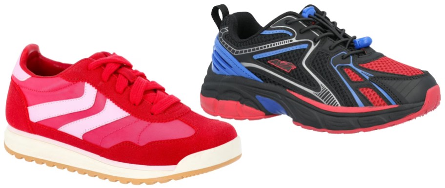 two kids red and black sneakers