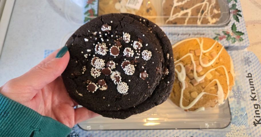 A person holding a large chocolate cookie