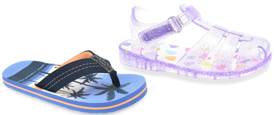blue flip flop and purple jelly shoe