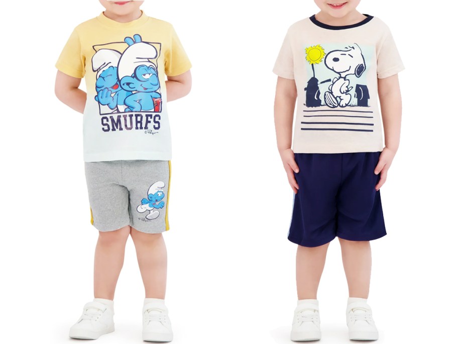 boys wearing smurfs and snoopy outfit sets