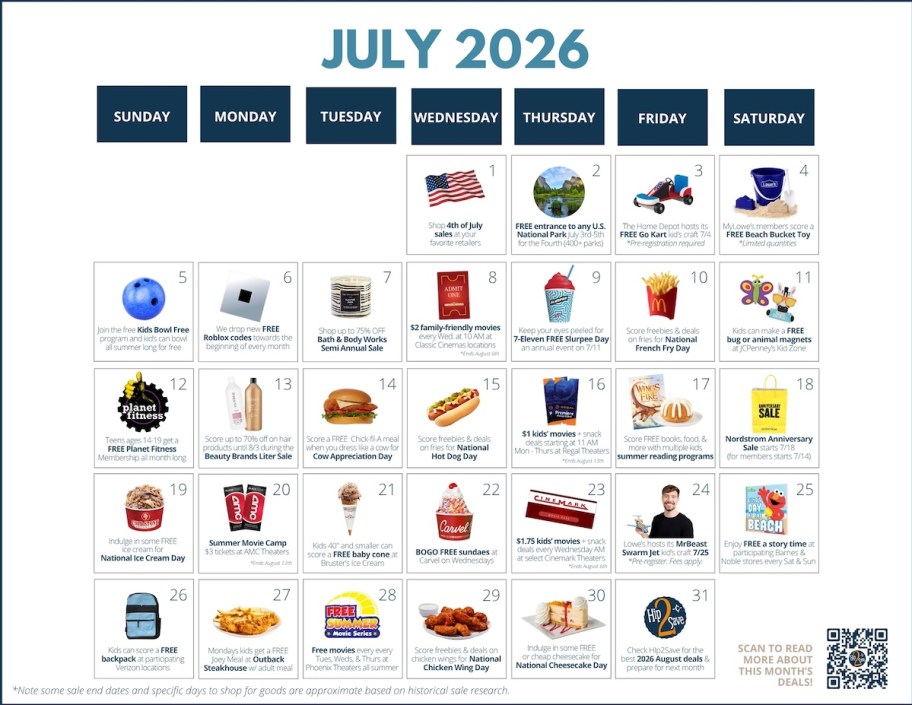 calendar of july 2026 sales and deals 