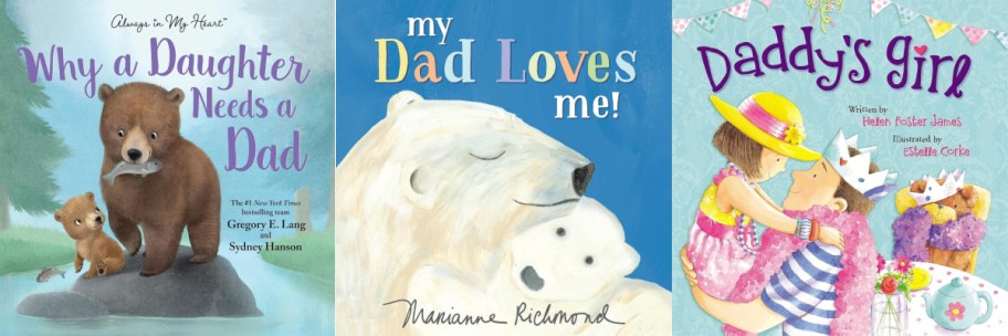 Three book covers are shown. Each features a father with a child: bears, polar bears, and a human dad with a little girl.
