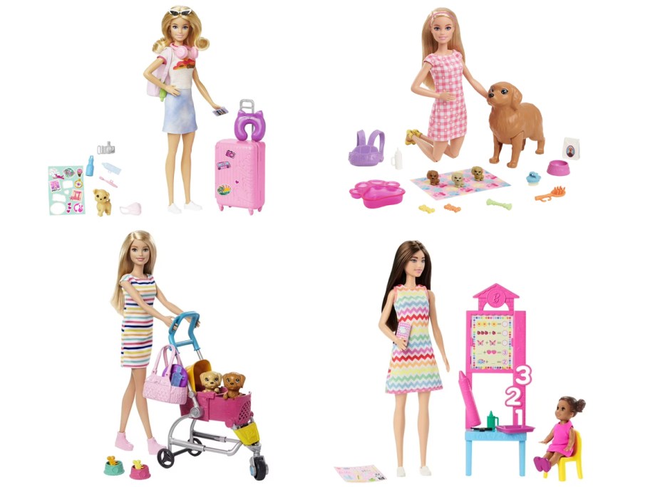 travel, dog, stroller, and teacher barbies 
