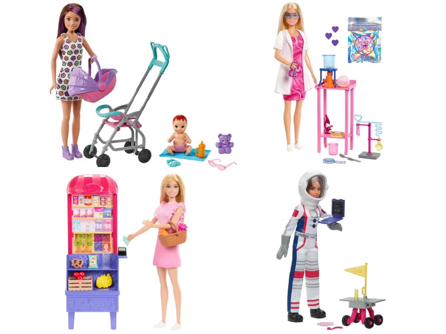 babysitter, scientist, market, and astronaut barbies 