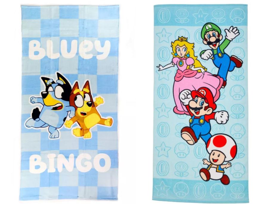 a bluey and bingo and super mario brothers beach towel