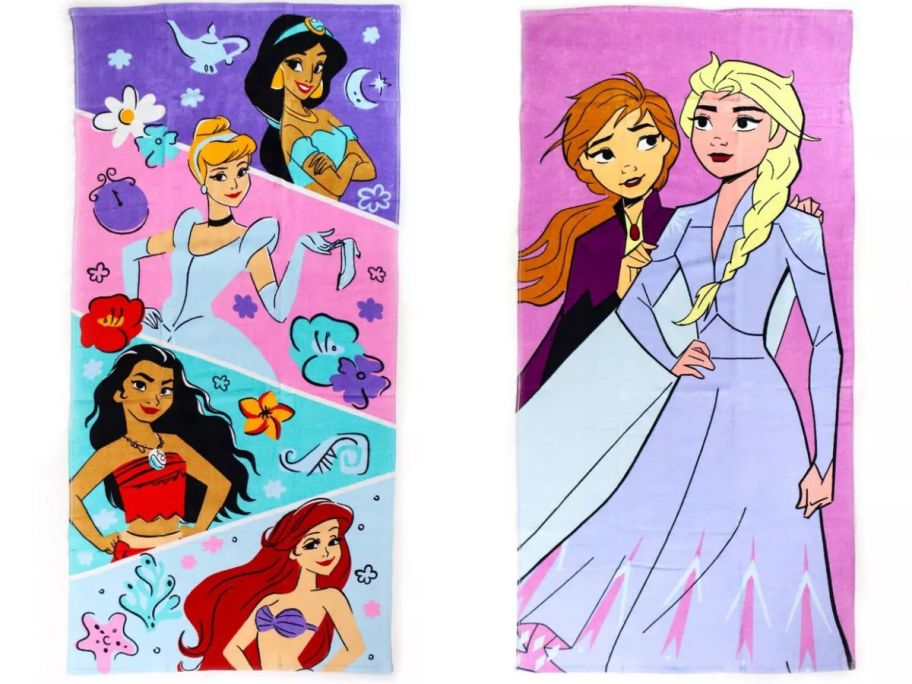 a disney princess and frozen beach towel