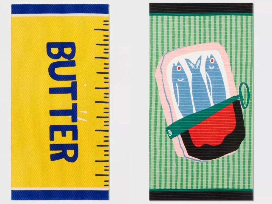 a butter and sardine beach towel