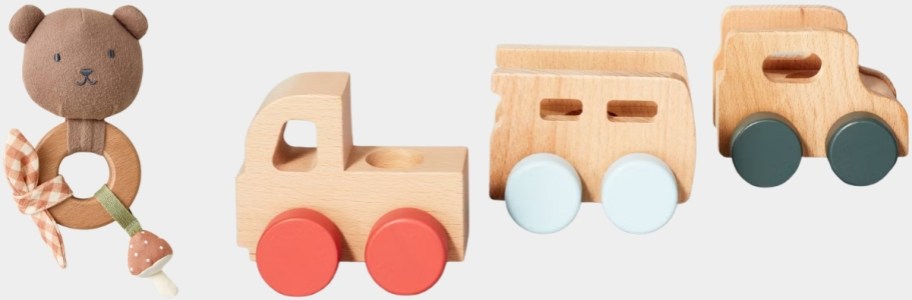 bear handheld wooden toy and wooden to cars