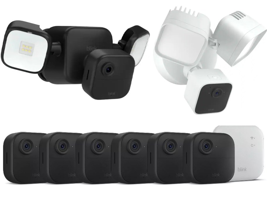 black and white flood security cameras and 6 black square security cameras 