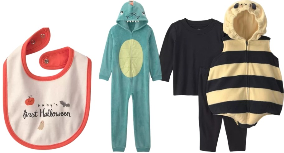 bib, creature onesie, and baby bee costume