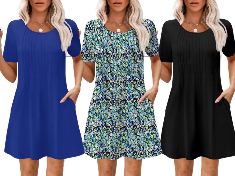 three women wearing short dresses in blue, a print, and black