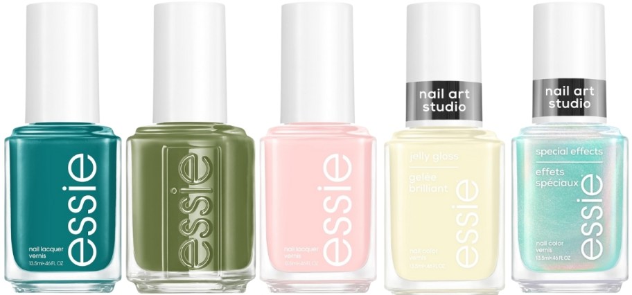 essie nail lacquers in 5 different shades and finishes