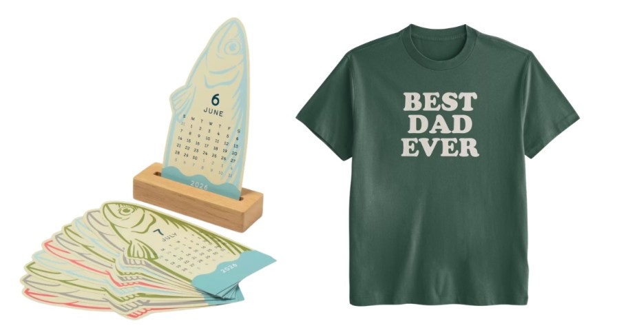 fish shaped calendar and best dad ever tshirt on white background