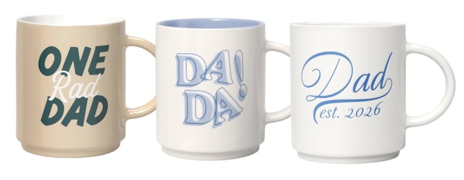 father's day stacking mugs in row on white background