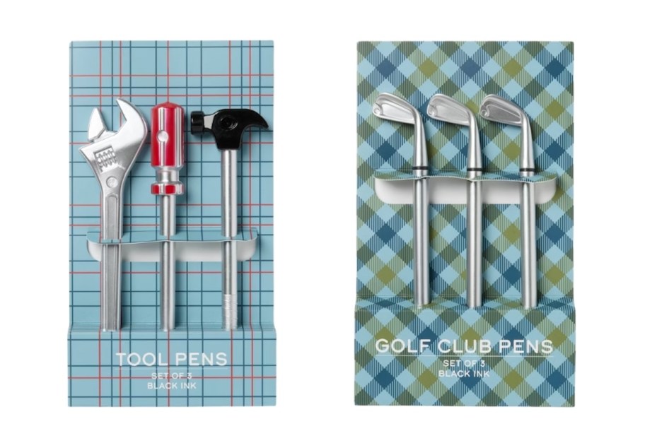 tools and gold clubs pen sets on white background