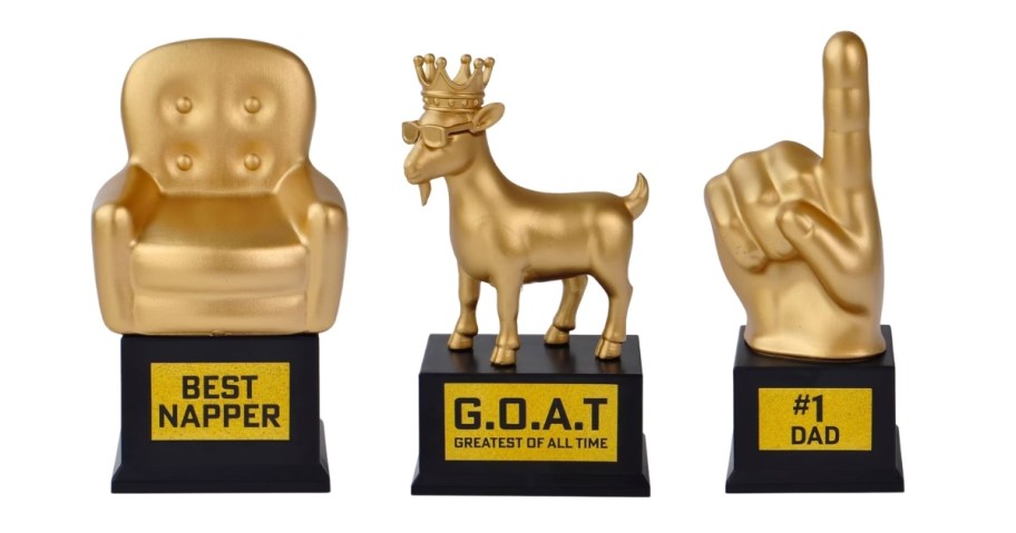 gold trophies for dad on white background