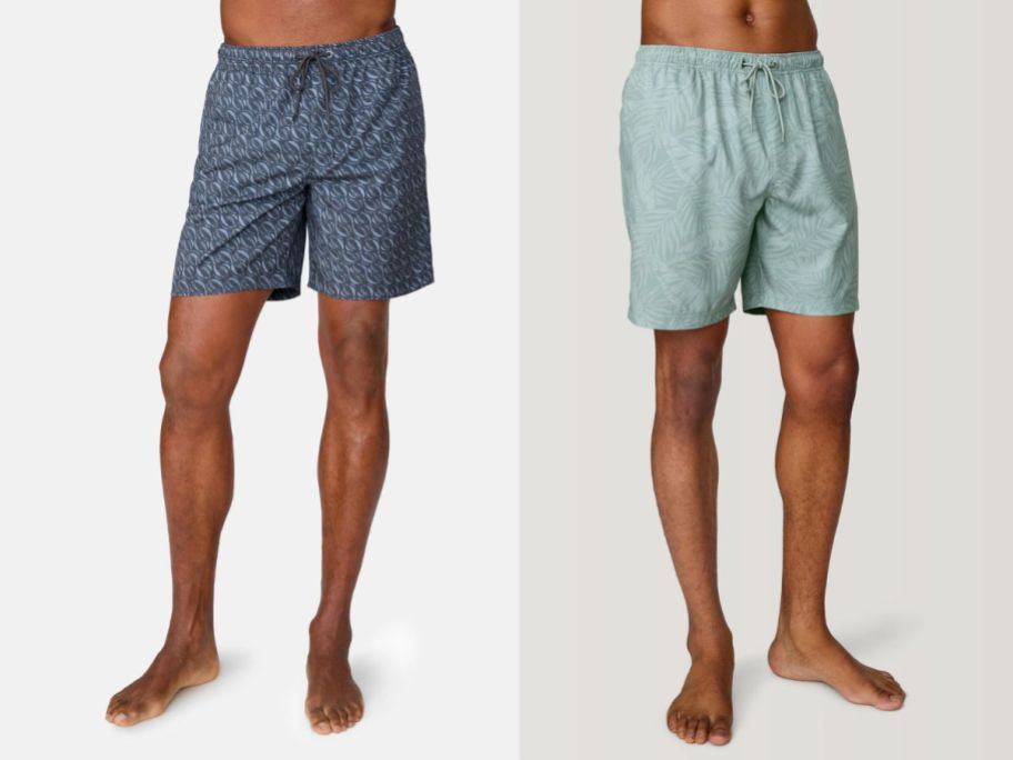 two men wearing blue and green free country swim shorts