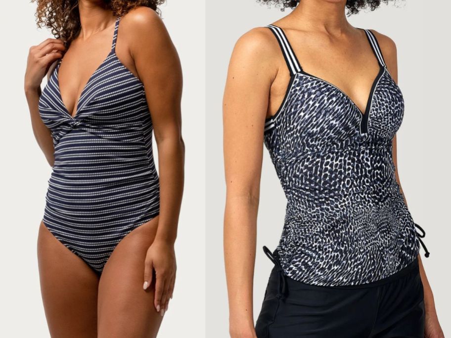 two women wearing free country black and white swimsuit and tankini top