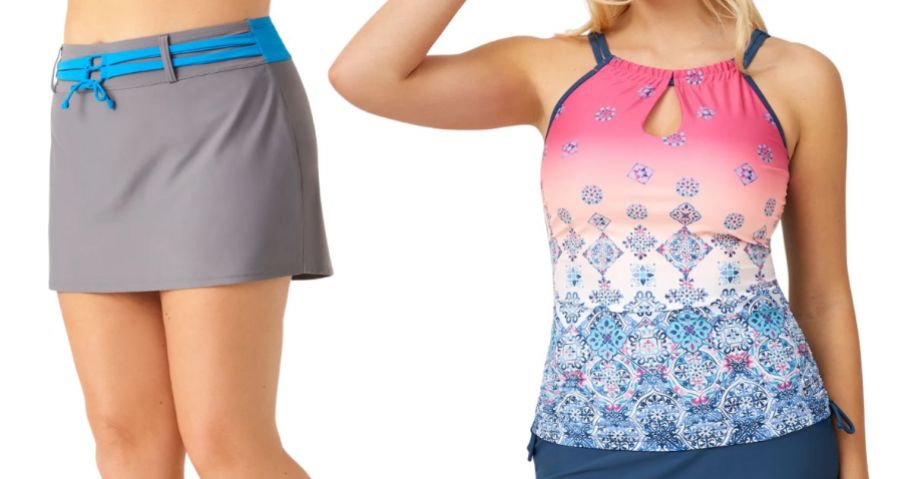 two women wearing a free country grey swim skort and a pink, white, and blue patterned tankini top