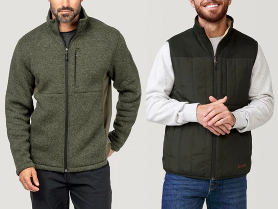 two men wearing green free country vest and jackets