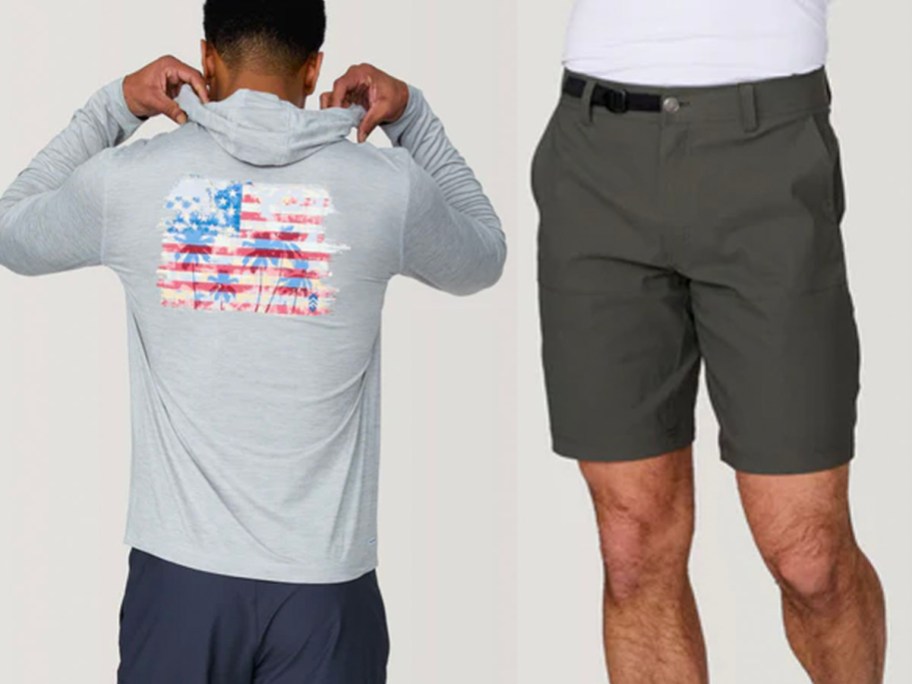 two men wearing gray america top and green shorts