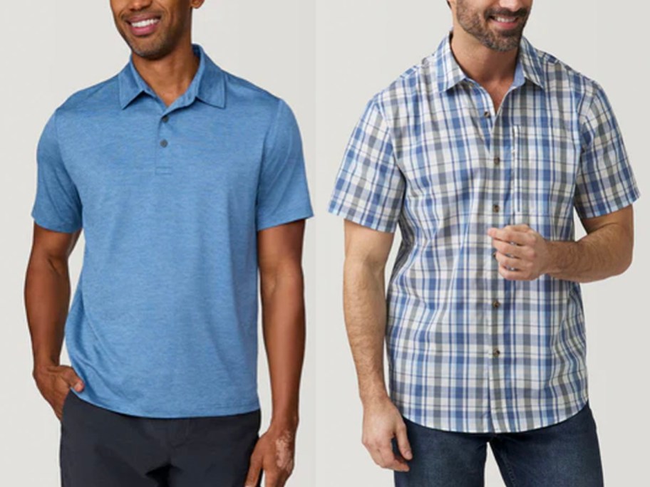 two men wearing blue polo and plaid polo tops