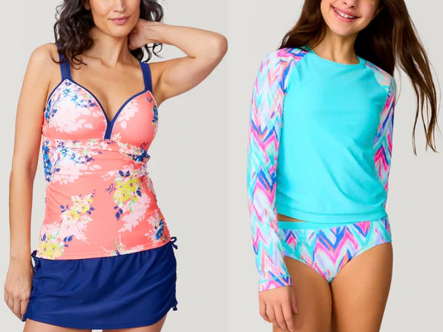 woman wearing floral tankini and girl wearing long sleeve blue swim top with matching bottoms