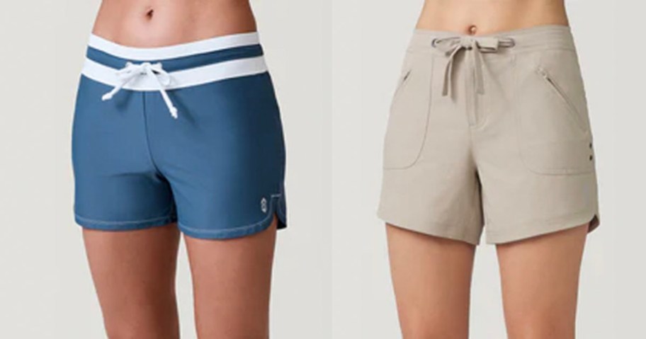 two women wearing blue and beige shorts