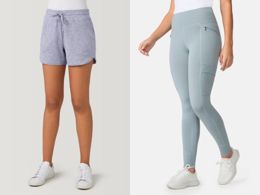 two women wearing grey free country shorts and light green leggings