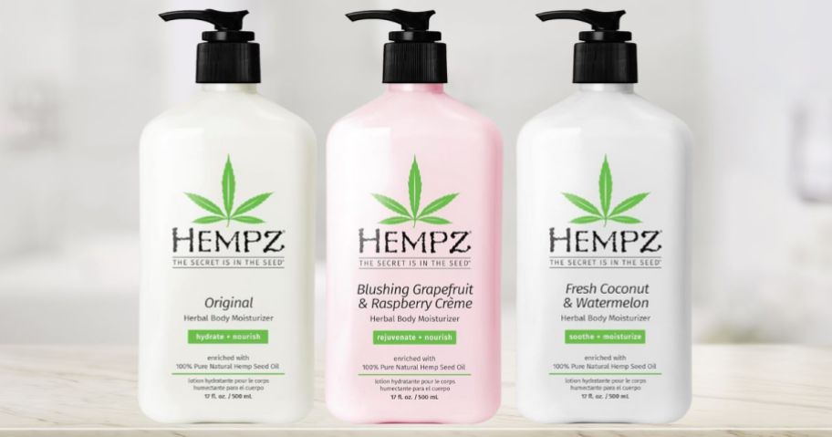 three Hempz Herbal Body Moisturizers on counter