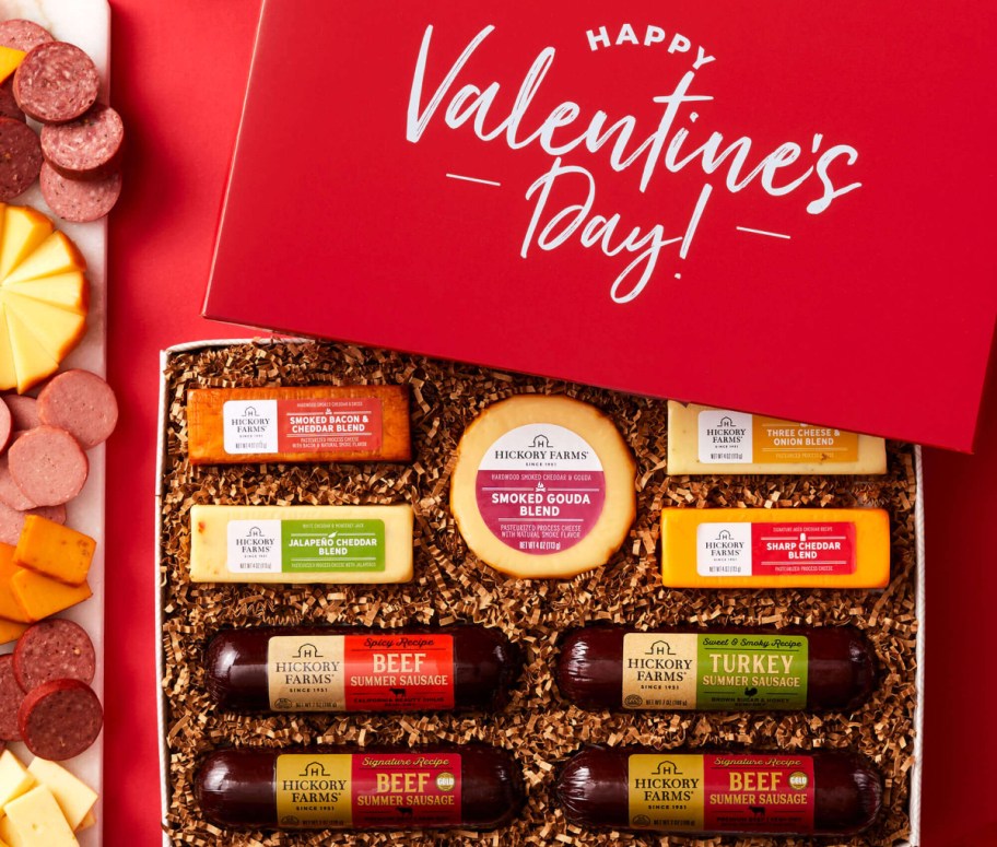 open Hickory Farms box showing meat and cheese assortment