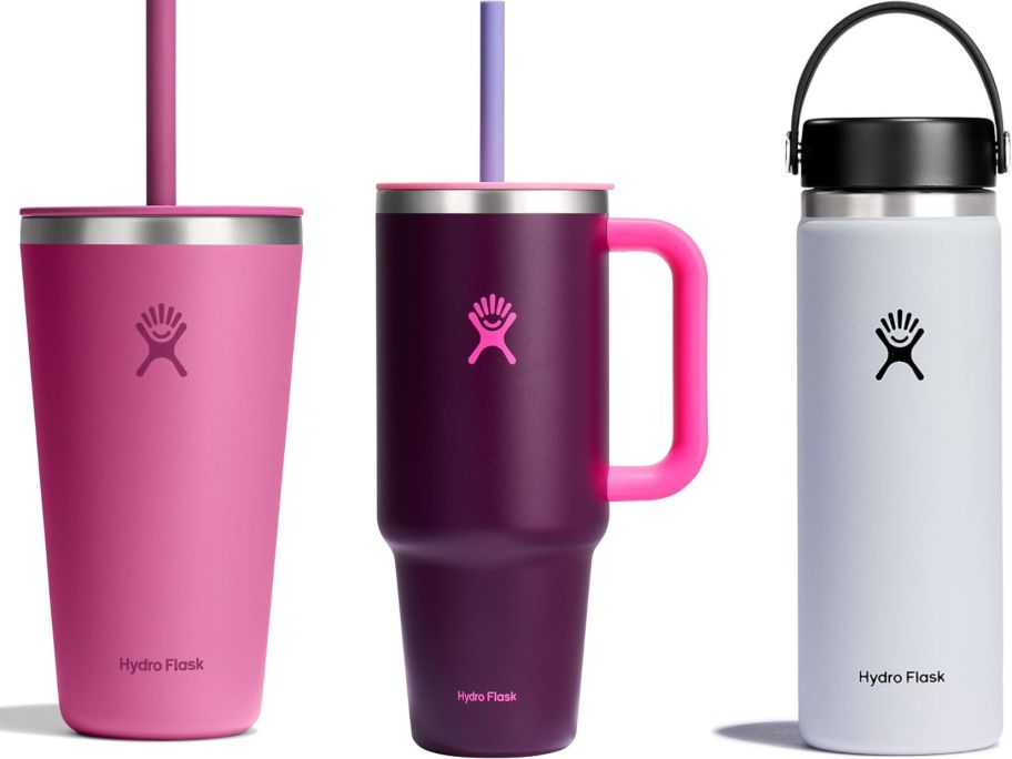 a pink, purple, and white hydro flask tumbler