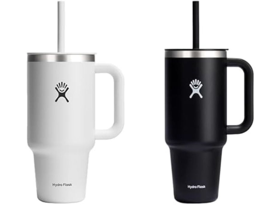 a white and black hydro flask tumbler