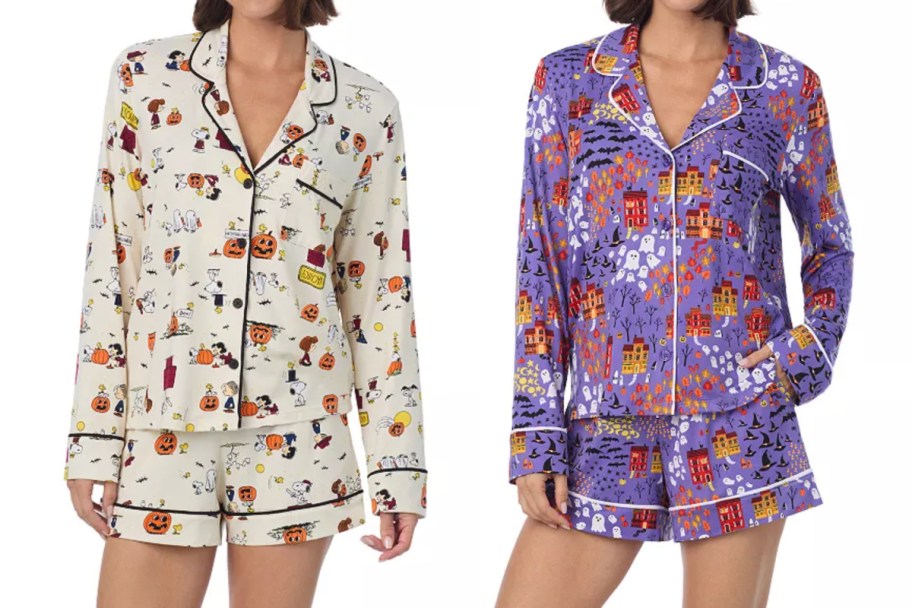 woman in peanuts themed halloween pajamas and purple haunted house design