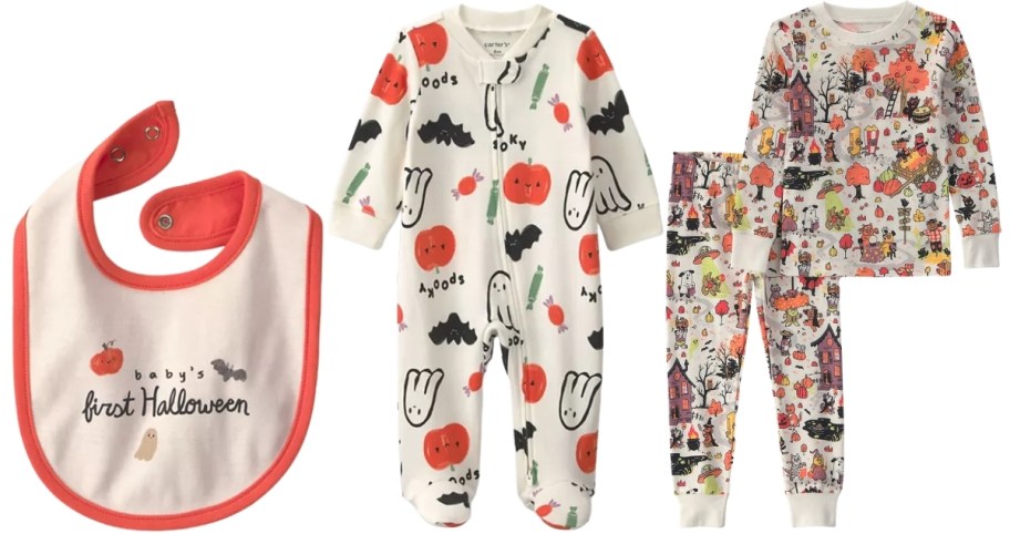 bib, zip up pajamas, and two piece pajama set