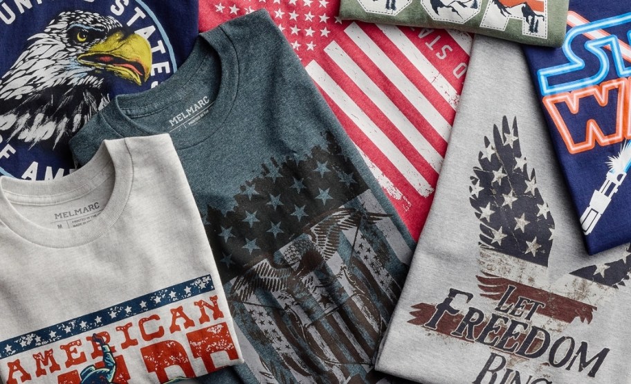 various folded mens graphic tees