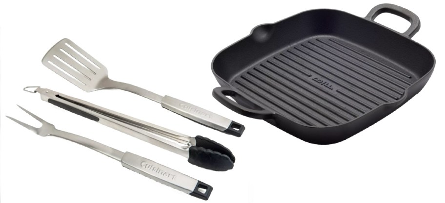 Poker, spatula, fork and square frying pan