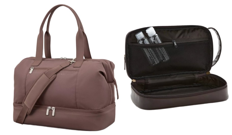 brown duffel bag and brown open travel case