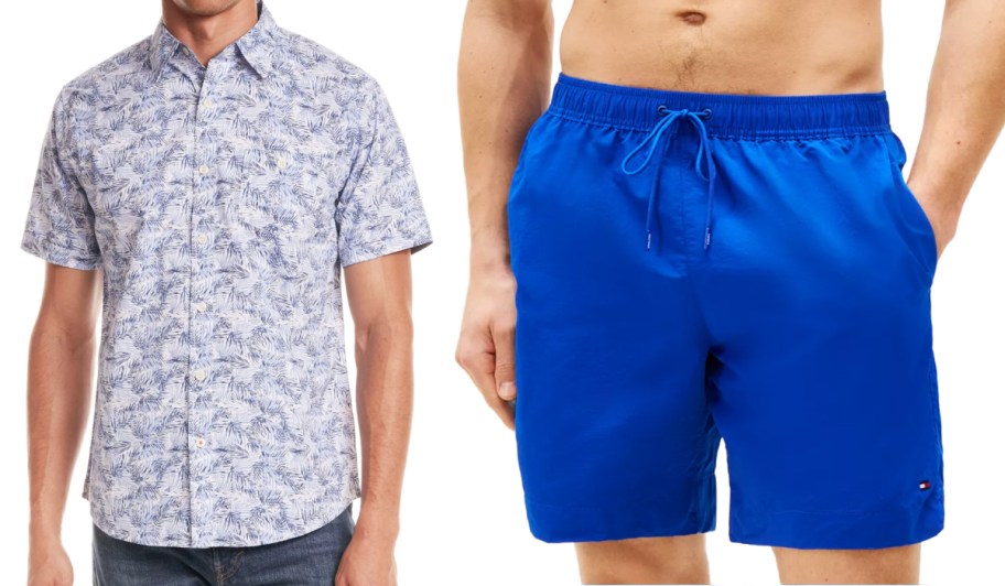 A man wearing a blue button-down and blue swimming trunks