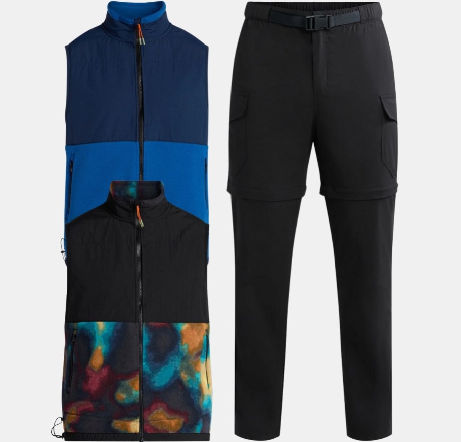 two fleece vests and a pair of convertible cargo pants