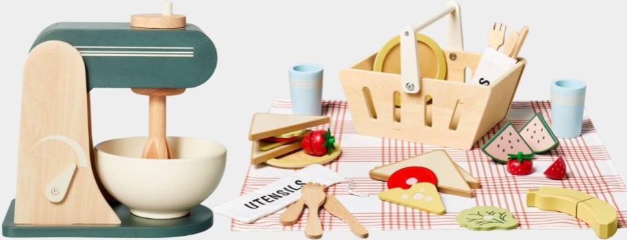 wooden stand mixer and picnic basket set