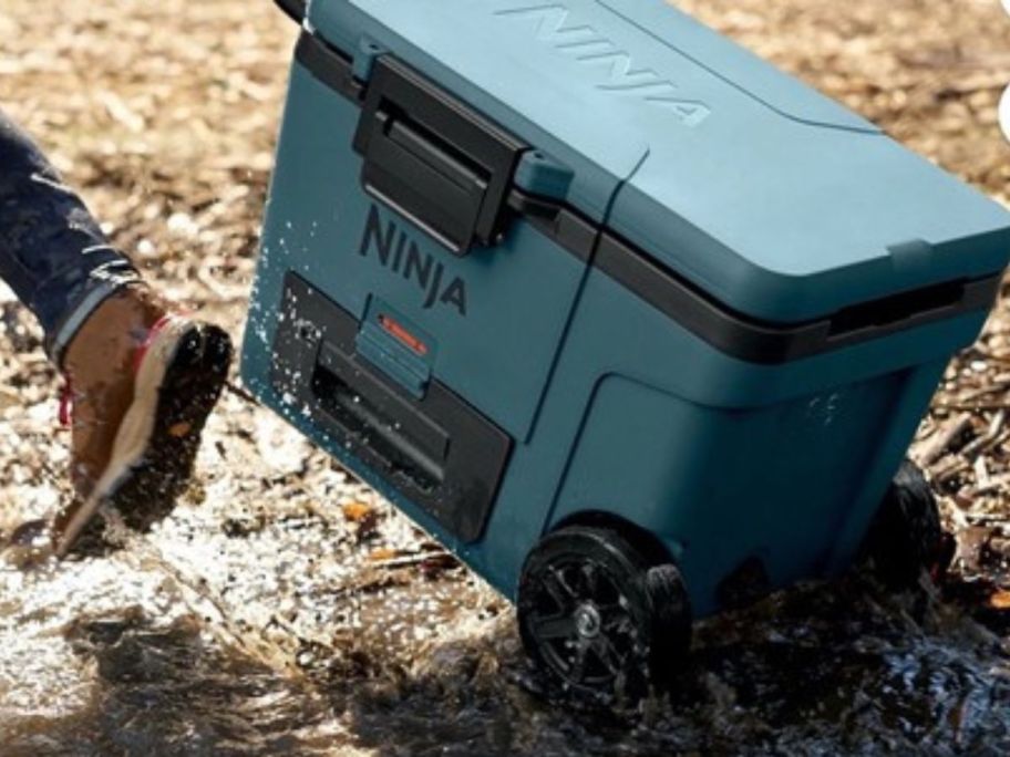 person pulling along Ninja FrostVault 45-Quart Cooler outside
