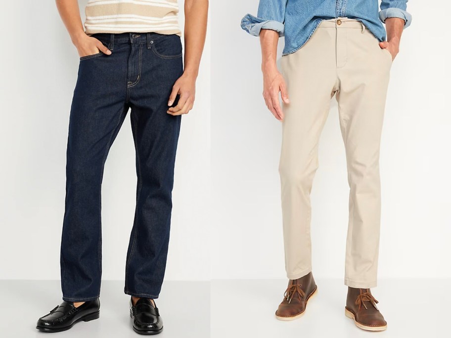 two men wearing jeans and tan pants 