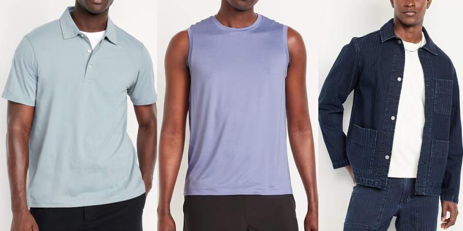 men wearing blue and purple tees and blue jackets 